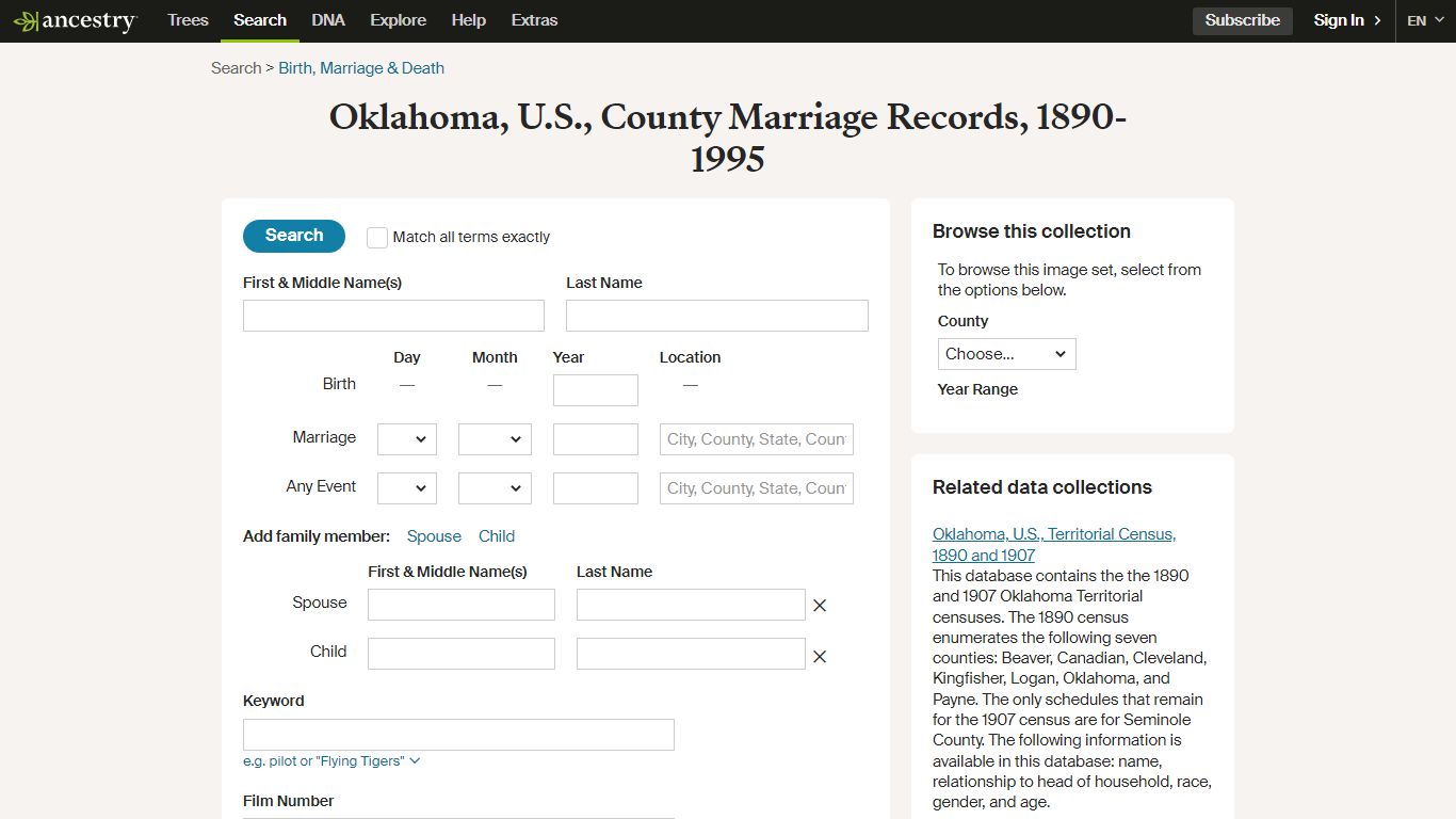 Oklahoma, U.S., County Marriage Records, 1890-1995